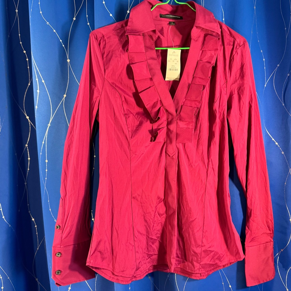 Express Design Studio Women Ruffle V Neck Button Up Long Sleeve Shirt Size S